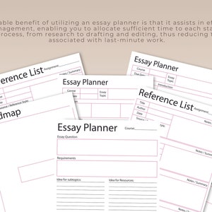 May include: A set of printable essay planner templates with sections for reference lists, mind maps, paragraph organization, and essay questions. The templates are designed to help students organize their thoughts and ideas for writing essays.