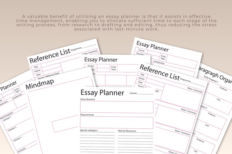 May include: A set of printable essay planner templates with sections for reference lists, mind maps, paragraph organization, and essay questions. The templates are designed to help students organize their thoughts and ideas for writing essays.