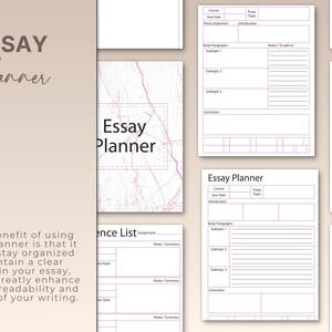May include: A printable essay planner with a pink and white marble background. The planner includes sections for course, due date, essay topic, introduction, body paragraphs, conclusion, and a reference list.