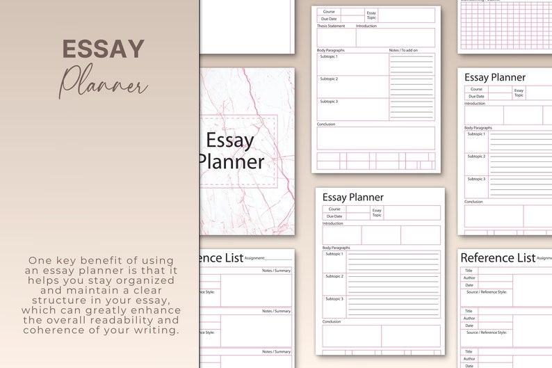 May include: A printable essay planner with a pink and white marble background. The planner includes sections for course, due date, essay topic, introduction, body paragraphs, conclusion, and a reference list.