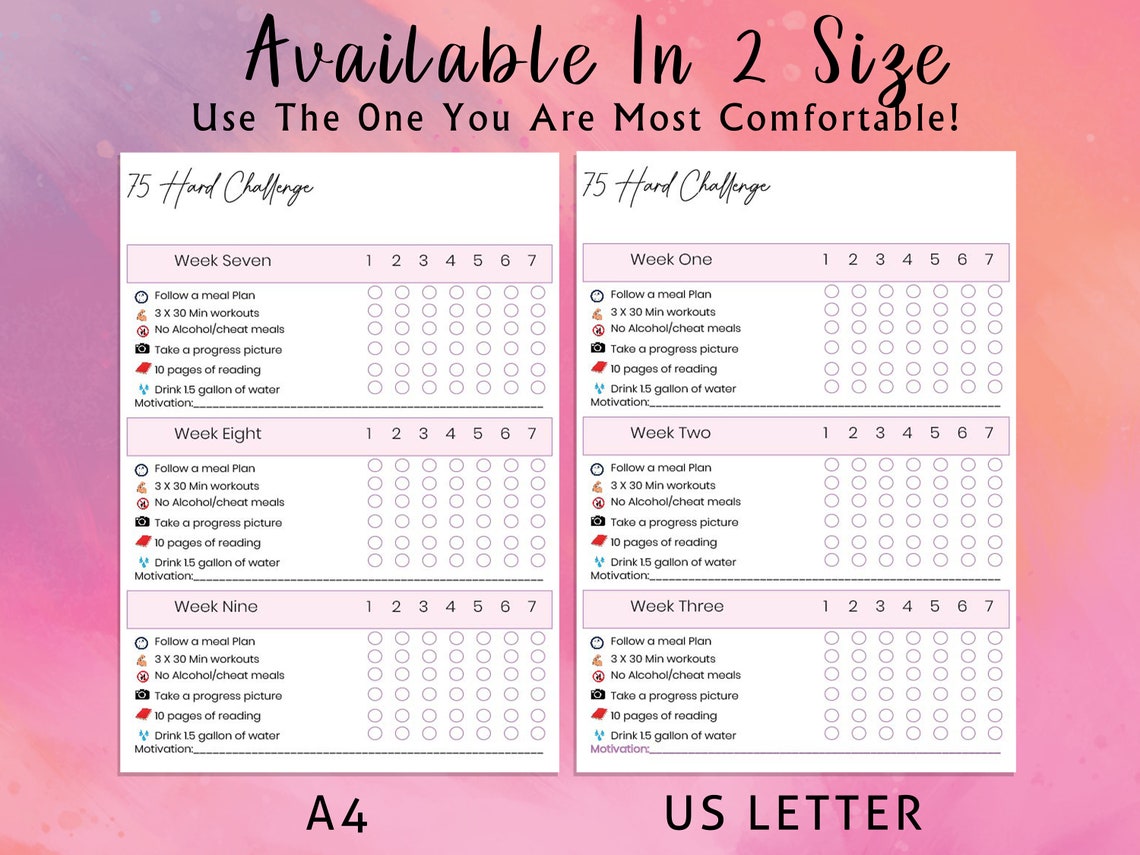 75 Hard Challenge Printable 75 Hard 75 Hard Checklist - Etsy