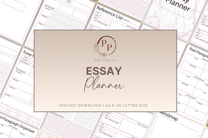May include: A printable essay planner with a brown background and the text "ESSAY PLANNER" in a brown font. The planner includes sections for reference lists, peel paragraphs, mind maps, and essay outlines. The planner is available for instant download in A4 and US letter sizes.