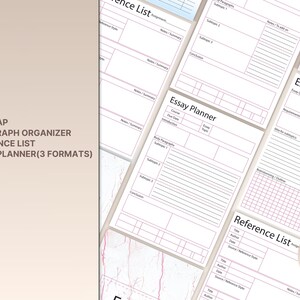May include: A printable planner with 8 pages for organizing essays. The planner includes sections for mind mapping, paragraph organization, reference lists, and essay planning. The pages have a pink and white marble pattern.
