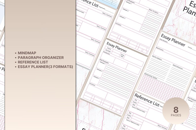 May include: A printable planner with 8 pages for organizing essays. The planner includes sections for mind mapping, paragraph organization, reference lists, and essay planning. The pages have a pink and white marble pattern.