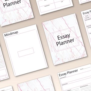 May include: Printable essay planner pages with a marble background and pink accents. The pages include sections for essay topic, due date, requirements, and more.