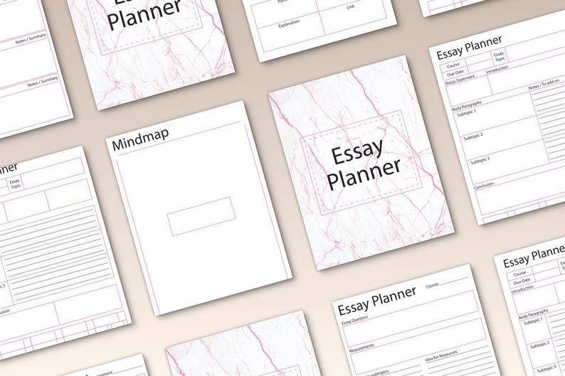 May include: Printable essay planner pages with a marble background and pink accents. The pages include sections for essay topic, due date, requirements, and more.