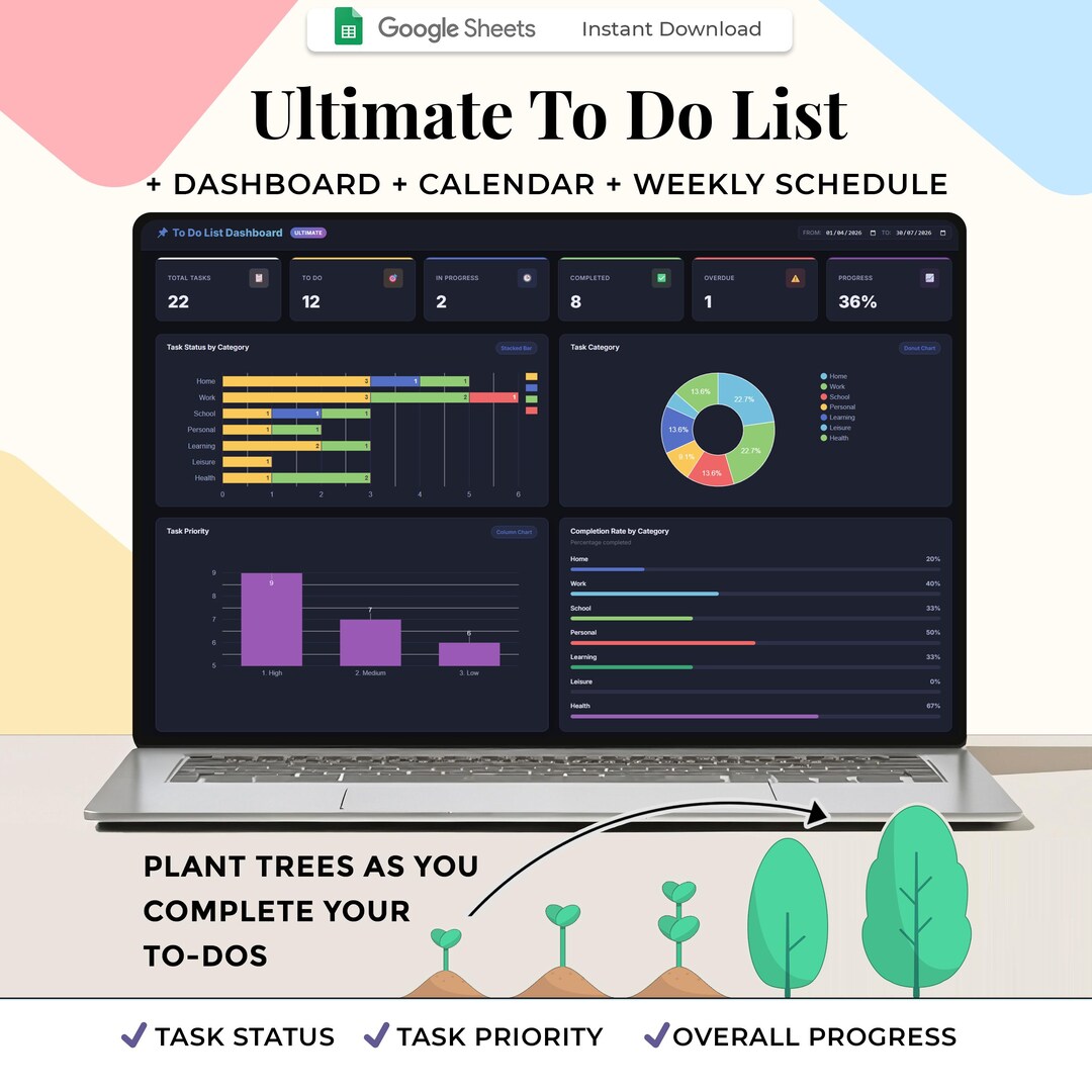 To Do List Google Sheets Template | Digital Planner Task Manager ...