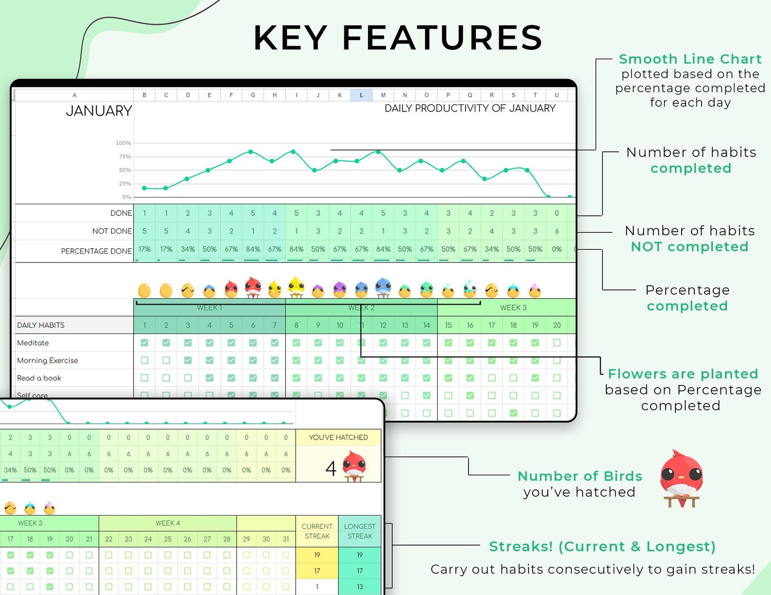 Bird Habit Tracker Google Sheets Template, Monthly, Weekly, Daily to Do ...