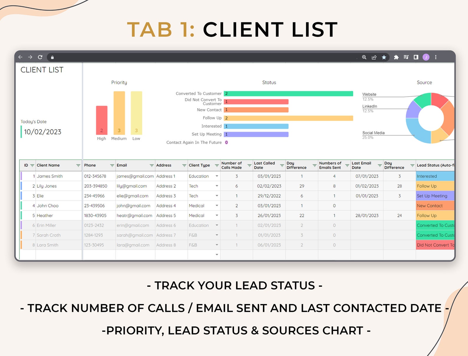 Client Call & Email Tracker, Small Business Template, Google Sheets ...
