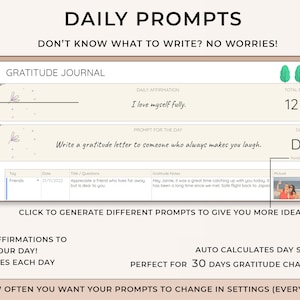 May include: A digital gratitude journal app with a light beige background and a pink floral design. The app features a daily affirmation, a prompt for the day, and a section to record gratitude notes. The app also includes a picture section and a total entries counter. The text on the screen reads "DAILY PROMPTS", "DON'T KNOW WHAT TO WRITE? NO WORRIES!", "GRATITUDE JOURNAL", "DAILY AFFIRMATION", "I love myself fully.", "PROMPT FOR THE DAY", "Write a gratitude letter to someone who always makes you laugh.", "TOTAL ENTRIES", "12", "DAY", "D4", "Tog", "Friends", "Done", "21/11/2022", "Title/Questions", "Appreciate a friend who lives for away but is dear to you", "Gratitude Notes", "Hey Jamie, it was a great time catching up with you today. It has been a long time since we met. Safe flight back to Japan", "Picture", "CLICK TO GENERATE DIFFERENT PROMPTS TO GIVE YOU MORE IDEAS", "DAILY AFFIRMATIONS TO START YOUR DAY! - CHANGES EACH DAY", "AUTO CALCULATES DAY STREAKS, PERFECT FOR 30 DAYS GRATITUDE CHALLENGE!", "SET HOW OFTEN YOU WANT YOUR PROMPTS TO CHANGE IN SETTINGS (EVERY HOUR?)".
