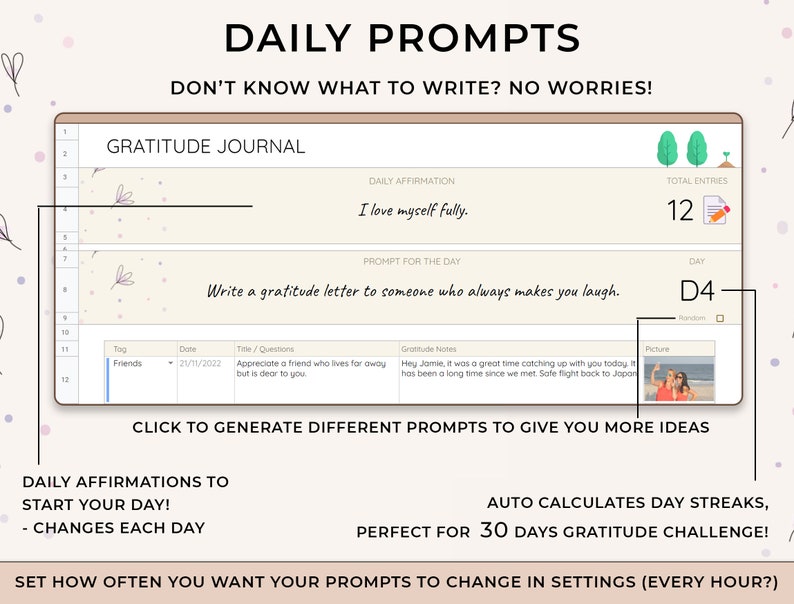 May include: A digital gratitude journal app with a light beige background and a pink floral design. The app features a daily affirmation, a prompt for the day, and a section to record gratitude notes. The app also includes a picture section and a total entries counter. The text on the screen reads "DAILY PROMPTS", "DON'T KNOW WHAT TO WRITE? NO WORRIES!", "GRATITUDE JOURNAL", "DAILY AFFIRMATION", "I love myself fully.", "PROMPT FOR THE DAY", "Write a gratitude letter to someone who always makes you laugh.", "TOTAL ENTRIES", "12", "DAY", "D4", "Tog", "Friends", "Done", "21/11/2022", "Title/Questions", "Appreciate a friend who lives for away but is dear to you", "Gratitude Notes", "Hey Jamie, it was a great time catching up with you today. It has been a long time since we met. Safe flight back to Japan", "Picture", "CLICK TO GENERATE DIFFERENT PROMPTS TO GIVE YOU MORE IDEAS", "DAILY AFFIRMATIONS TO START YOUR DAY! - CHANGES EACH DAY", "AUTO CALCULATES DAY STREAKS, PERFECT FOR 30 DAYS GRATITUDE CHALLENGE!", "SET HOW OFTEN YOU WANT YOUR PROMPTS TO CHANGE IN SETTINGS (EVERY HOUR?)".