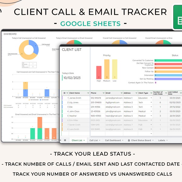 Client Call Tracker & Email Tracker, Google Sheets, Call Log, Small Business Template, CRM Lead Tracker, Business Tracker, Business Planner