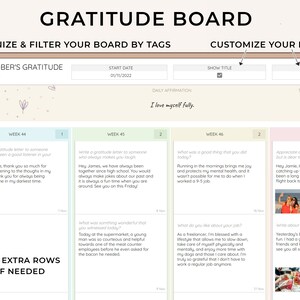 May include: A digital gratitude board with a pink and white background. The board is divided into four sections, each with a different week of November. Each section has a title, a number, and a space for writing a gratitude entry. The board also has a daily affirmation, "I love myself fully."