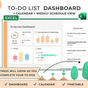 Excel To Do List Template, Excel Dashboard, Excel Planner Spreadsheet For Daily To Do, Digital Checklist Template, Todo List, Bucket List