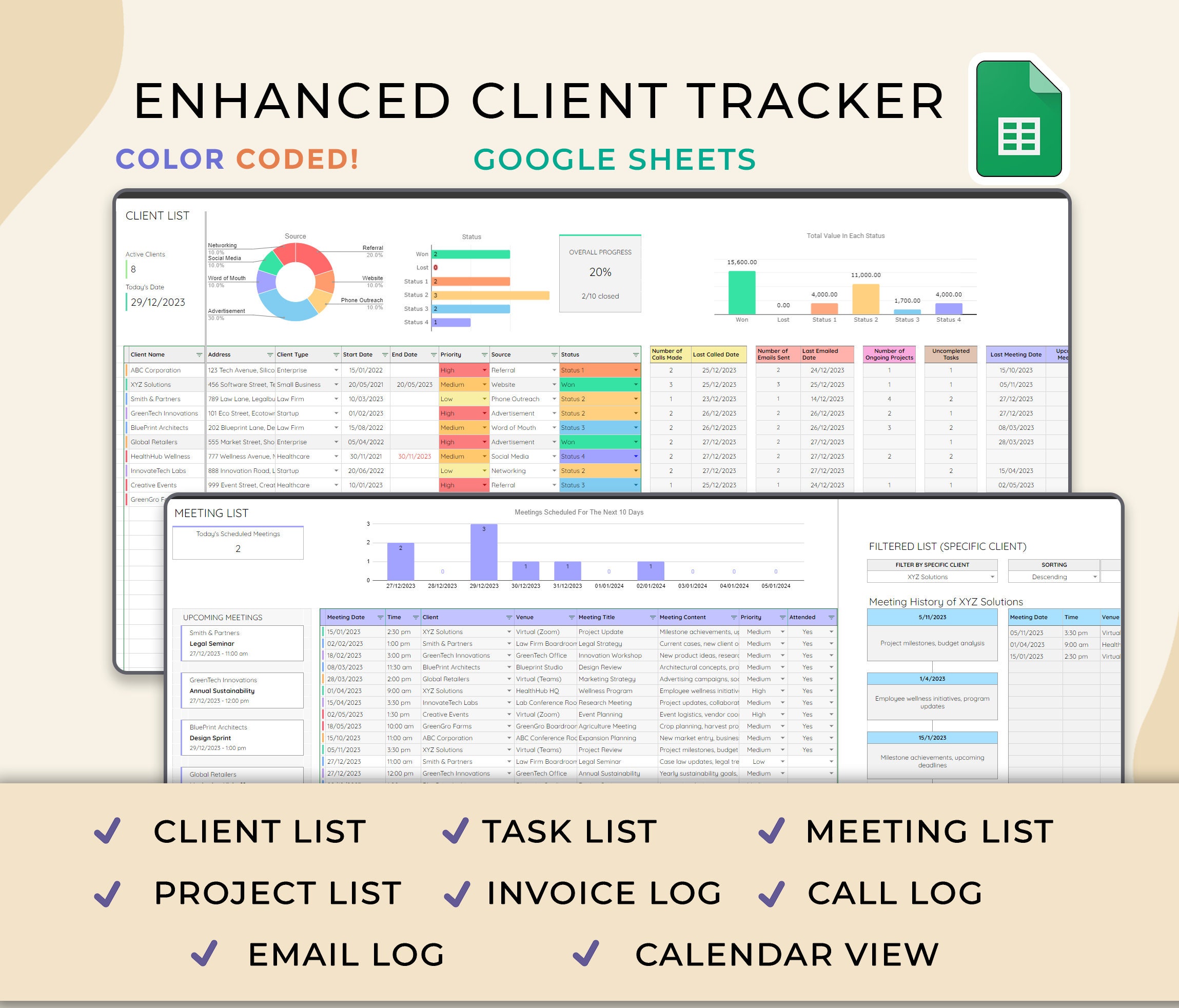 Client Tracker, Small Business Template, Google Sheets, CRM Dashboard, Business Tracker, Business Planner Business Spreadsheet, Lead Tracker