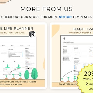 Peut inclure: Deux mod&egrave;les num&eacute;riques pour Notion sont pr&eacute;sent&eacute;s. L'un est l'&laquo; Ultimate Life Planner &raquo; et l'autre est un &laquo; Habit Tracker &raquo;. L'image comprend le texte &laquo; MORE FROM US &raquo; et &laquo; CHECK OUT OUR STORE FOR MORE NOTION TEMPLATES ! &raquo; Un autocollant jaune indique &laquo; 20% OFF WHEN YOU BUY 2 ITEMS OR MORE!!! &raquo;