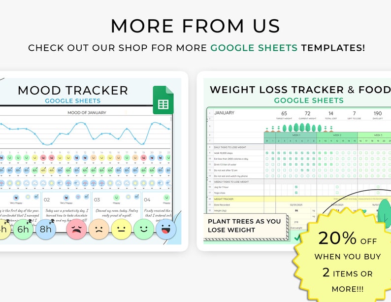 Puede incluir: Dos plantillas de Google Sheets para hacer un seguimiento del estado de &aacute;nimo y la p&eacute;rdida de peso. El rastreador de estado de &aacute;nimo presenta un gr&aacute;fico de l&iacute;neas y una cuadr&iacute;cula de iconos de estado de &aacute;nimo diarios. El rastreador de p&eacute;rdida de peso presenta una planta que crece a medida que se pierde peso, una lista de verificaci&oacute;n de tareas diarias y un rastreador de alimentos.