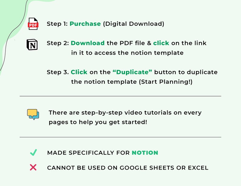 Peut inclure: Graphique vert clair avec des instructions pour un t&eacute;l&eacute;chargement num&eacute;rique. Les &eacute;tapes comprennent l'achat, le t&eacute;l&eacute;chargement d'un PDF et la duplication d'un mod&egrave;le Notion. L'image indique &eacute;galement que le mod&egrave;le est fait sp&eacute;cifiquement pour Notion.