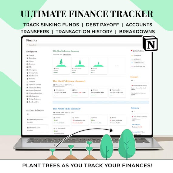Notion Finance Tracker, Monthly Budget Template, Budgeting Financial Planner, Paycheck Budget, Savings, Bill, Expense