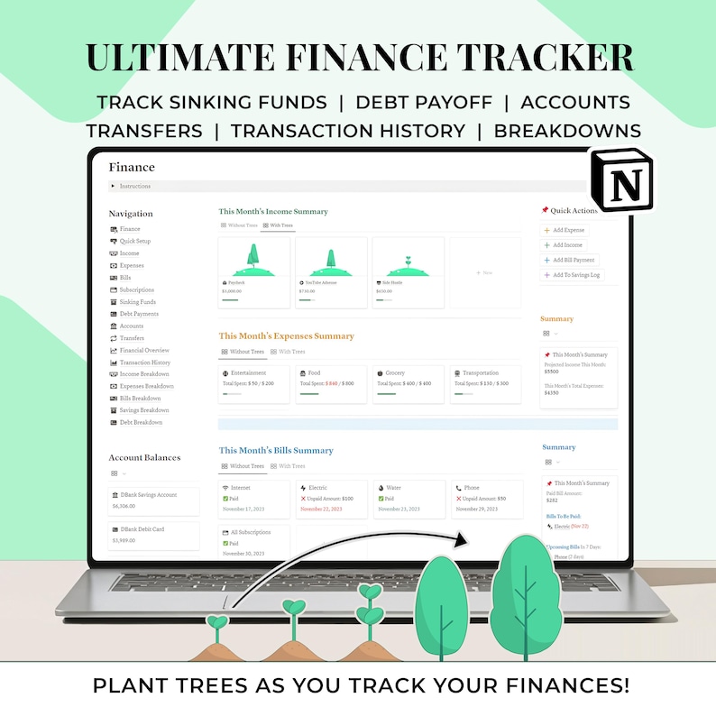 Peut inclure: Un &eacute;cran d'ordinateur portable affiche une interface de suivi financier avec le texte "ULTIMATE FINANCE TRACKER". L'&eacute;cran affiche des r&eacute;sum&eacute;s des revenus, des d&eacute;penses et des factures. L'image comprend le texte "PLANT TREES AS YOU TRACK YOUR FINANCES!"