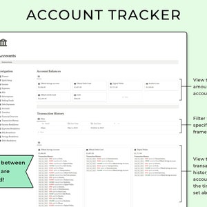 Peut inclure: Interface num&eacute;rique de suivi de compte avec le titre "ACCOUNT TRACKER" en haut. L'interface affiche les soldes des comptes, l'historique des transactions et les options de navigation. Le texte &agrave; l'&eacute;cran comprend "Accounts", "Navigation" et "Transaction History".