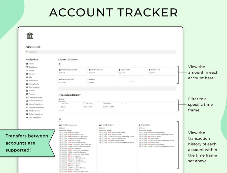 Peut inclure: Interface num&eacute;rique de suivi de compte avec le titre "ACCOUNT TRACKER" en haut. L'interface affiche les soldes des comptes, l'historique des transactions et les options de navigation. Le texte &agrave; l'&eacute;cran comprend "Accounts", "Navigation" et "Transaction History".