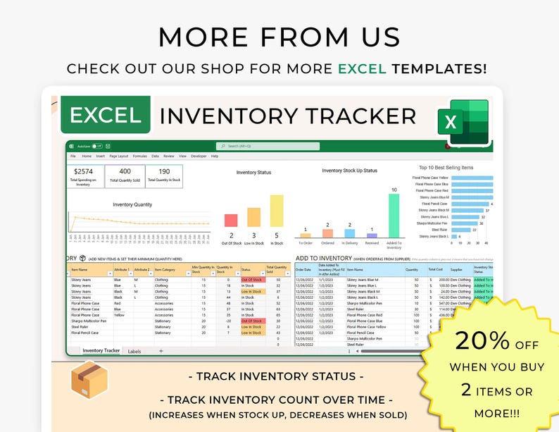 May include: A screenshot of an Excel spreadsheet with a green header that says "Excel Inventory Tracker". The spreadsheet is used to track inventory levels, stock up status, and top selling items. The spreadsheet has a green, yellow, and red color scheme. The text "20% off when you buy 2 items or more!!!" is in a yellow circle in the bottom right corner of the image.