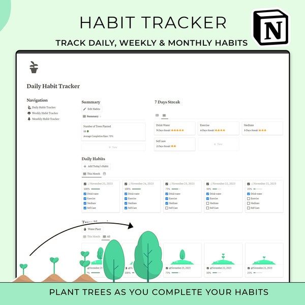 Notion Habit Tracker, Plantilla de nociones 2023/2024, Panel de nociones estéticas, Mensual, Semanal, Seguimiento diario, TDAH, Planificador de objetivos digitales