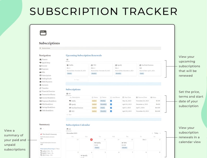 Peut inclure: Un suivi d'abonnement num&eacute;rique intitul&eacute; "SUBSCRIPTION TRACKER". Il affiche les renouvellements &agrave; venir, les d&eacute;tails des abonnements et une vue calendrier. Permet de visualiser les abonnements pay&eacute;s et impay&eacute;s.