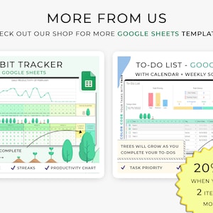 May include: Two Google Sheets templates for habit tracking and to-do lists. The habit tracker features a green productivity chart with trees growing as you complete habits. The to-do list features a calendar and weekly schedule view with trees growing as you complete tasks. The text "20% off when you buy 2 items or more!" is displayed in a yellow starburst.