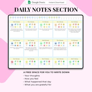 May include: Digital daily notes template with a calendar layout. Each day includes space for mood tracking and journaling. The template includes prompts for thoughts, feelings, daily events, and gratitude. The title "DAILY NOTES SECTION" is at the top.
