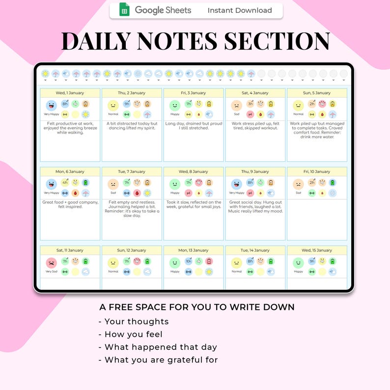 May include: Digital daily notes template with a calendar layout. Each day includes space for mood tracking and journaling. The template includes prompts for thoughts, feelings, daily events, and gratitude. The title "DAILY NOTES SECTION" is at the top.