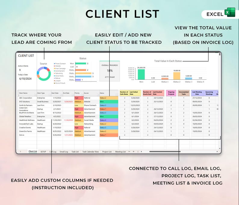 May include: A spreadsheet with a colorful chart and a table listing client information. The spreadsheet is titled "Client List" and includes columns for client name, client type, start date, end date, priority, source, status, number of called leads, number of last invoices, ongoing projects, uncompleted tasks, last meeting date, and upcoming meetings. The spreadsheet is connected to call log, email log, project log, task list, meeting list, and invoice log. The spreadsheet is designed to track client information and progress.