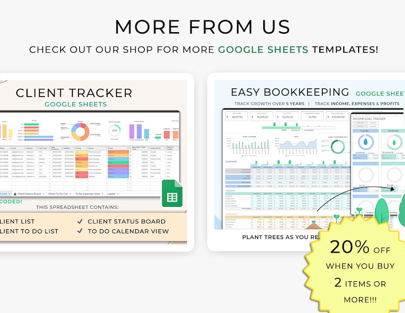 Puede incluir: Una imagen de marketing digital que promociona plantillas de Google Sheets para el seguimiento de clientes y la contabilidad f&aacute;cil. La imagen presenta dos capturas de pantalla de hojas de c&aacute;lculo de Google con gr&aacute;ficos y diagramas coloridos. El texto "Client Tracker" y "Easy Bookkeeping" se destaca en la imagen. Se ofrece un descuento del 20% al comprar dos art&iacute;culos o m&aacute;s.