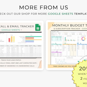 Puede incluir: Dos plantillas de Google Sheets para realizar un seguimiento de las llamadas y los correos electr&oacute;nicos de los clientes, as&iacute; como del presupuesto mensual y las suscripciones. Las plantillas presentan gr&aacute;ficos y tablas coloridos. Se ofrece un descuento del 20% al comprar dos art&iacute;culos o m&aacute;s.