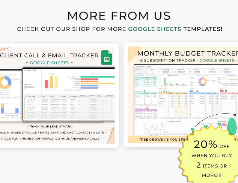Puede incluir: Dos plantillas de Google Sheets para realizar un seguimiento de las llamadas y los correos electr&oacute;nicos de los clientes, as&iacute; como del presupuesto mensual y las suscripciones. Las plantillas presentan gr&aacute;ficos y tablas coloridos. Se ofrece un descuento del 20% al comprar dos art&iacute;culos o m&aacute;s.
