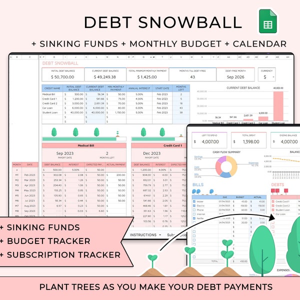Debt Payoff & Monthly Budget Tracker, Google Sheets, Debt Snowball Spreadsheet, Bill, Debt Tracker and Budget Planner, Paycheck Budget Sheet