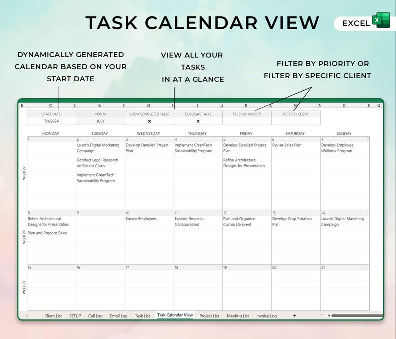 May include: A green and white Excel spreadsheet with a calendar view for July 2004. The spreadsheet is titled "Task Calendar View" and has columns for Monday through Sunday. Each day has a list of tasks to be completed. The spreadsheet also has options to filter by priority or client.