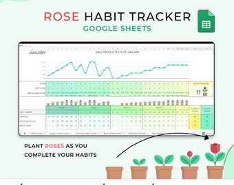 Rose Habit Tracker Google Sheetsテンプレート、月次、週次、日次ToDoリスト、チェックリスト、目標