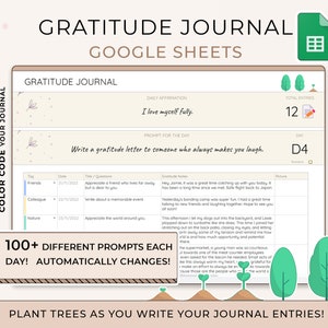 Digital Gratitude Journal, 100+ Journal Prompts, Mindfulness Journal, Self Care Planner, Therapy Wellness Journal, Google Sheets Template