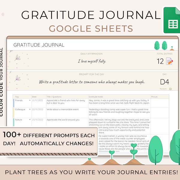 Digital Gratitude Journal, 100+ Journal Prompts, Mindfulness Journal, Self Care Planner, Therapy Wellness Journal, Google Sheets Template