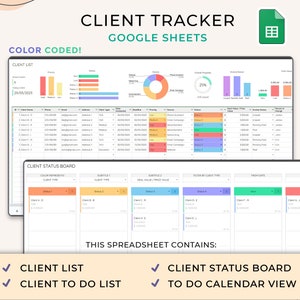 以下が含まれることがあります： クライアントトラッカーを含むGoogleスプレッドシートのスクリーンショットです。スプレッドシートは色分けされており、クライアントリスト、クライアントステータスボード、ToDoカレンダービューが含まれています。スプレッドシートのタイトルは「クライアントトラッカー」で、「色分け！」と「このスプレッドシートには以下が含まれています」というテキストが含まれています。