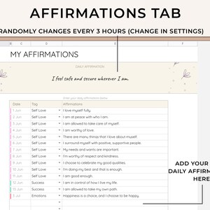 May include: A spreadsheet with a tab labeled "Affirmations Tab" that randomly changes every 3 hours. The spreadsheet has a list of daily affirmations for self-love, success, and emotions. The daily affirmation is "I feel safe and secure wherever I am."