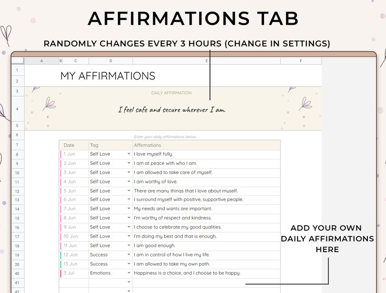 May include: A spreadsheet with a tab labeled "Affirmations Tab" that randomly changes every 3 hours. The spreadsheet has a list of daily affirmations for self-love, success, and emotions. The daily affirmation is "I feel safe and secure wherever I am."