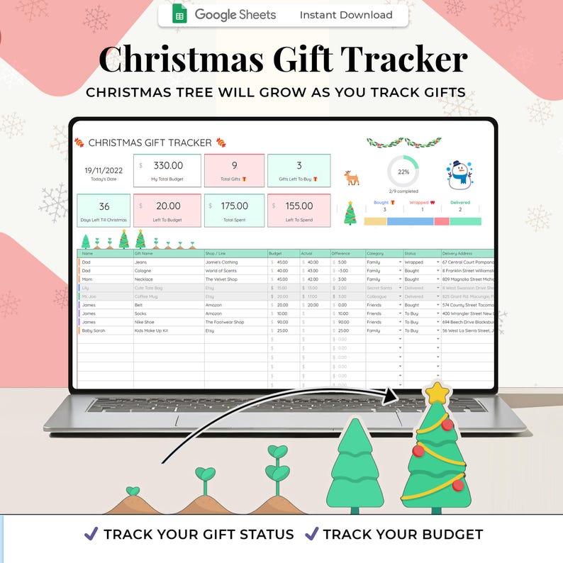 Christmas Gift Tracker, Google Sheets Template, Christmas Planner For Gifts, Christmas Budget Planning, Christmas Gifts Tracker Digital image 1