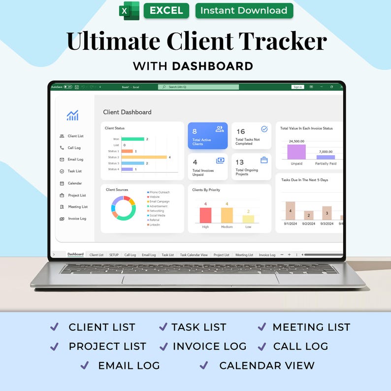 Excel Client Tracker, CRM Dashboard, Excel Small Business Template, Lead Tracker, Business Tracker, Business Planner Business Spreadsheet image 1