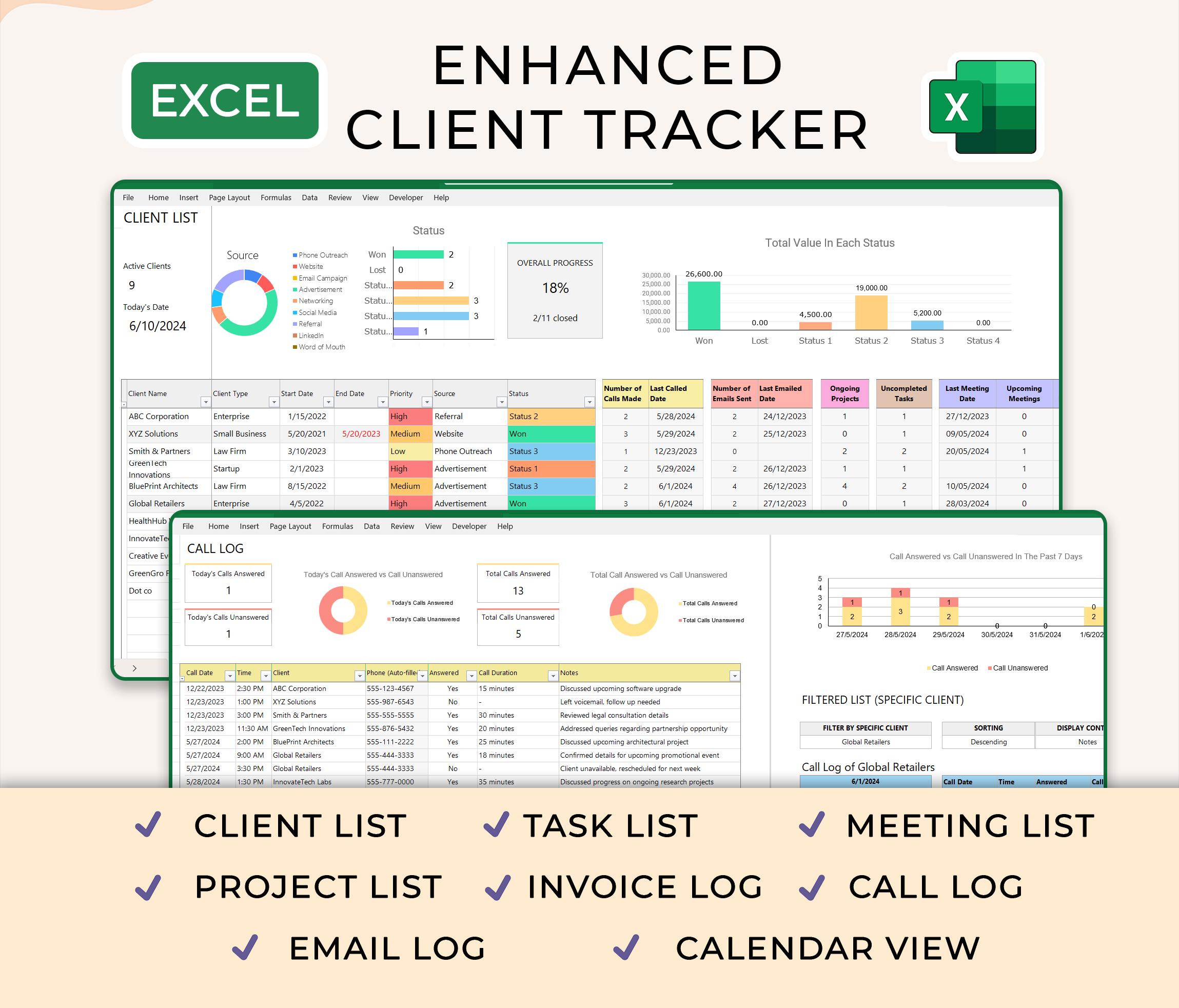 Excel Client Tracker, Small Business Template, CRM Dashboard, Excel Business Tracker, Business Planner Business Spreadsheet, Lead Tracker