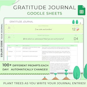 Digital Gratitude Journal, 100+ Journal Prompts, Mindfulness Journal, Self Care Planner, Therapy Wellness Journal, Google Sheets Template
