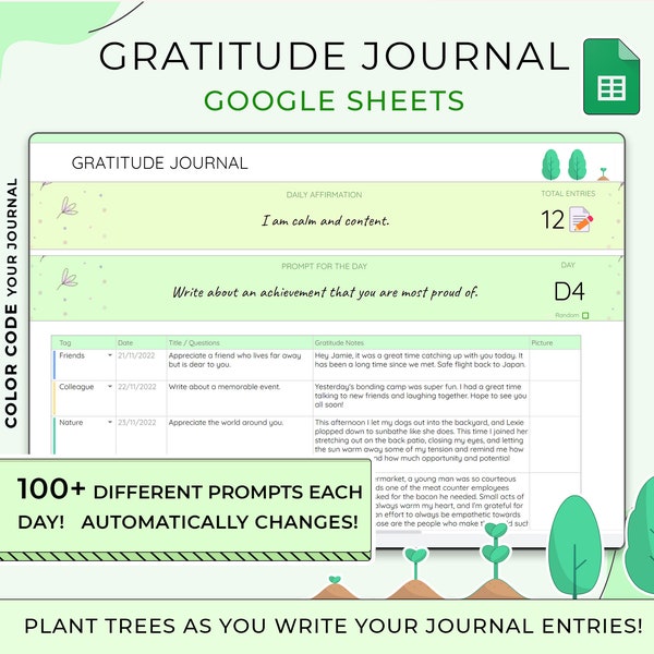 Digital Gratitude Journal, 100+ Journal Prompts, Mindfulness Journal, Self Care Planner, Therapy Wellness Journal, Google Sheets Template