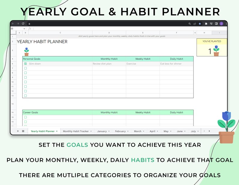 Puede incluir: Una hoja de c&aacute;lculo verde y blanca con el t&iacute;tulo "Yearly Goal & Habit Planner" y una secci&oacute;n titulada "Yearly Habit Planner". La hoja de c&aacute;lculo tiene columnas para objetivos personales, h&aacute;bitos mensuales, h&aacute;bitos semanales y h&aacute;bitos diarios. Hay un peque&ntilde;o gr&aacute;fico de una planta en una maceta en la esquina superior izquierda.